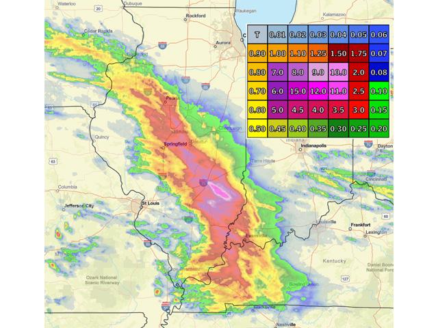 Rain that fell between 4 p.m. CDT Monday and 4 p.m. CDT Tuesday was persistent in a stripe from northwest to southeast Illinois. Estimates point to widespread amounts over 1.5 inches and a small area in southeast Illinois that received close to 12 inches. (DTN graphic)