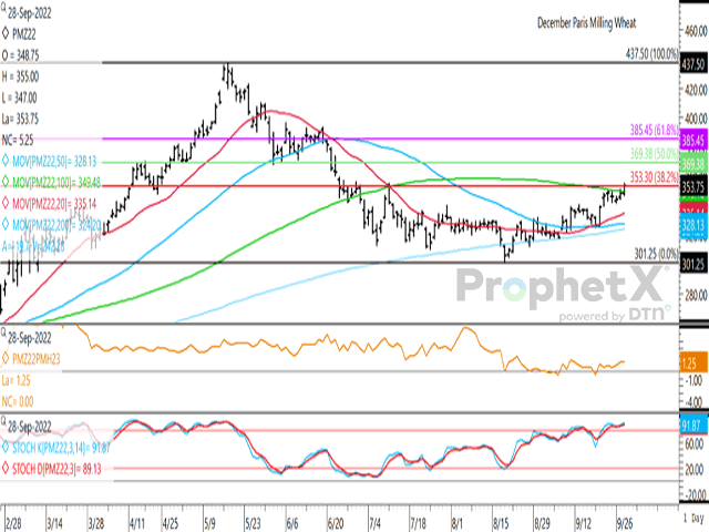 Paris milling wheat for December delivery closed higher for a fifth time in seven sessions, closing above its 100-day moving average for the first time since late June while also ending above the resistance of the 38.2% retracement of the move from the May high to August low at EUR 353.30/mt. The Dec/March spread remains inverted (first study), while strength is seen despite the stochastic momentum indicators in over-bought territory on the daily chart. (DTN ProphetX chart)