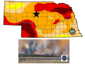 Drought enhanced a wildfire near Halsey, Nebraska Sunday, October 2 which destroyed most of the Nebraska 4-H camp. A volunteer firefighter died while battling the fire. (NDMC graphic; photo by The Voice News West)