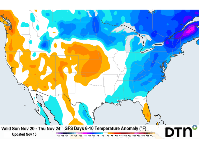 Temperatures next week will at least get closer to normal according to the American Global Forecast System (GFS). (DTN graphic)