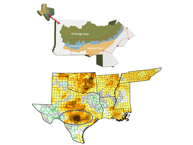 Drought in the Texas area covered by the Edwards Aquifer has intensified by three to five categories during the past 52 weeks. (Drought Monitor and Wantman Group Inc graphics)