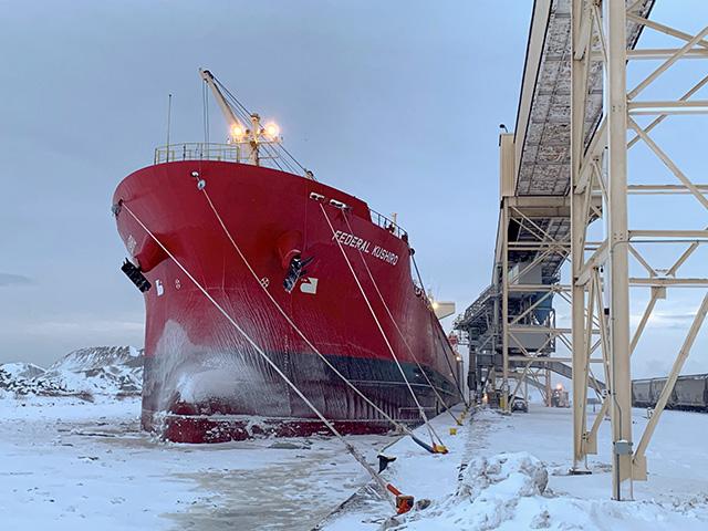 It was a bitterly cold day in the Twin Ports of Duluth-Superior as the 624-foot-long Federal Kushiro saltie loaded wheat bound for Italy, ending the 2023 grain shipping season there. (Photo courtesy Duluth Seaway Port Authority)