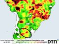 Rainfall during the last week in the Pampas region of Argentina (circled in black) has been enough to provide a boost to crop conditions for corn and soybeans, but more is needed. (DTN graphic)