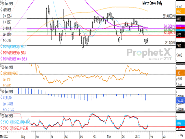 March canola closed $20.20/mt higher on Jan. 30, ending above the 38.2% retracement of the move from the December high to January low. The first study shows the March/May spread closing at a modestly bullish inverse of $1.10/mt. The histogram in the second study shows noncommercial traders holding their largest net-short futures position since September as of Jan. 24. (DTN ProphetX graphic)