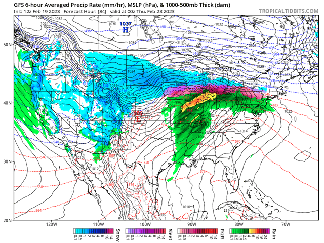 Three pieces of upper-level energy will combine to cause a long-duration winter storm this week. This snapshot of Wednesday evening shows the height of the storm for the middle of the country, but the effects will be seen in some part of the country all week long. (Tropical Tidbits graphic) 
