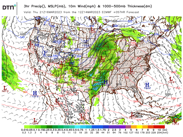 The European Centre for Medium-Range Weather Forecasts (ECMWF) model showing the extent of precipitation across the Central U.S. Thursday afternoon as a low-pressure system moves across the Plains and Mississippi Valley. (DTN graphic)