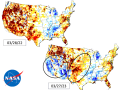 NASA early April root zone moisture analysis shows the western U.S. made notable improvement compared with a year ago, while supplies are lower to much lower than spring 2022 in the western Midwest through the Southern Plains. (NASA graphics)
