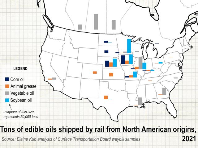Rail movements of edible oils in tanker cars is heaviest from the U.S. Midwest and Canadian Prairies. In future years, much of this oil may be headed toward renewable diesel plants in places like California, Texas and Louisiana. (Graphic by Elaine Kub)