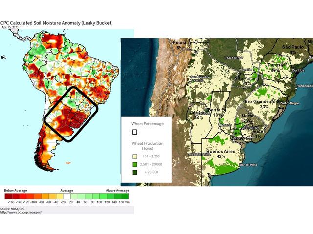 Soil moisture across much of the winter wheat growing areas in South America has very limited soil moisture and needs more as wheat planting increases during the next month. (CPC/USDA graphics)