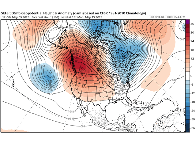 By early next week, the upper-level pattern will change with a ridge in western North America (orange) and a trough in eastern Canada (blue). The two features will battle over the middle of the continent for the second half of May. (Tropical Tidbits graphic)