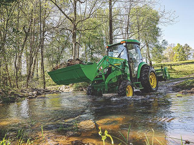 Deere is rolling out its new 75-horsepower, 4075R Compact Utility Tractor for model year 2024. The 4075R includes electrohydraulic rear hitch control and an optional snow-clearing package. (Photo courtesy of John Deere)