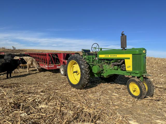 While mostly retired, the Quinn family&#039;s 1957 John Deere 620 tractor does still work on the farm occasionally. The tractor has been in the family for 65 years. (DTN photo by Russ Quinn)