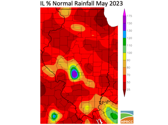 Most of Illinois had no more than 50% of normal rainfall during May. The driest area, around Chicago, had less than 1-inch total rainfall in May for the first time since 1994. (High Plains Climate Center graphic)