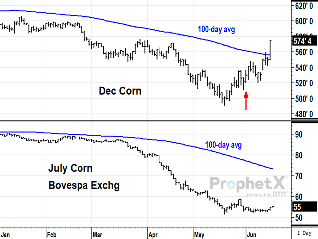 When December corn closed at $4.99 on May 17, 2023, it was difficult to find anything bullish to say, and prices in Brazil were also falling with expectations for record production in 2023. Less than one month later, on Thursday, June 15, December corn closed above its 100-day average for the first time since November, a significant change in momentum, fueled by a rapid expansion of drought. (DTN ProphetX chart by Todd Hultman) 
