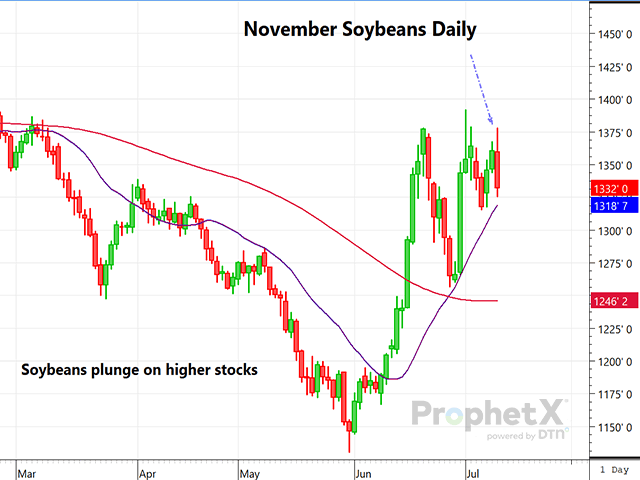 This is a daily chart of November beans, which shows the bearish reaction to the July WASDE, with November plunging in a wide ranging trading day. (DTN ProphetX chart by Dana Mantini)