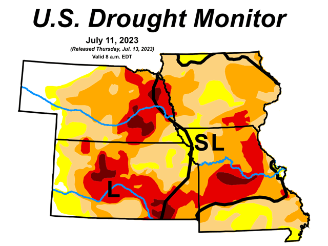 Kansas, Missouri and Nebraska make up the largest areas in the country facing severe drought conditions or worse. Under USDA's haying and grazing rules for acreage in the Conservation Reserve Program (CRP), landowners will be able to tap into those acres if they are in D2 severe drought conditions or worse as early as Sunday. (Image from U.S. Drought Monitor) 