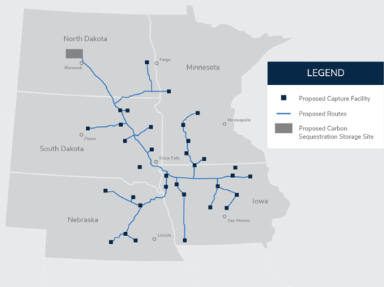 A bill passed in Iowa would make it more difficult to build carbon pipelines in the state. (Map courtesy of Summit Carbon Solutions)