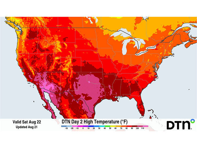 The high temperature forecast across the South-Central U.S. continues to call for readings over 100 degrees (in pink) not only on Saturday, Aug. 22, as indicated above, but through the end of August as well. (NOAA graphic)