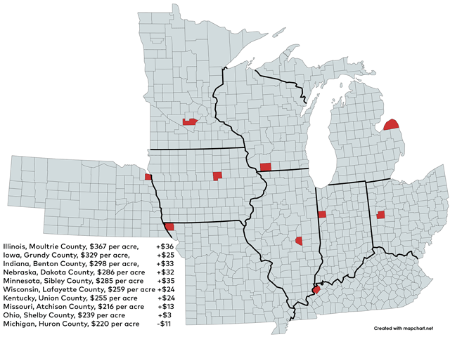 Here are the highest county cash rent averages for non-irrigated cropland in 10 Corn Belt states in 2023, showing the dollars per acre. The rate ranged from $367/acre in Illinois to $220/acre in Michigan. (DTN graphic by Nick Scalise/Kathy Myers)