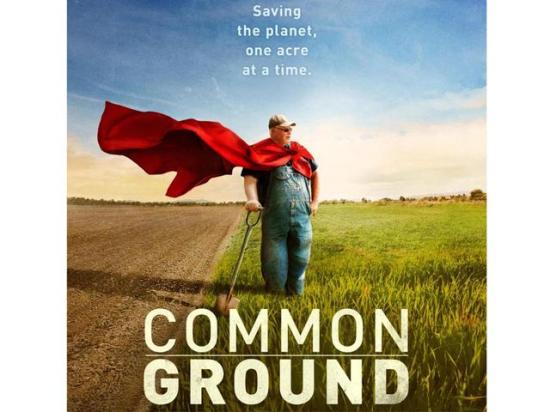 North Dakota farmer Gabe Brown is featured on the movie posters for the documentary "Common Ground" as he contrasts the bare, eroded soils of his neighbors&#039; fields to his own where he plants a variety of multi-species cover crops and uses windbreaks to protect the fields from erosion. (Image courtesy of Common Ground)