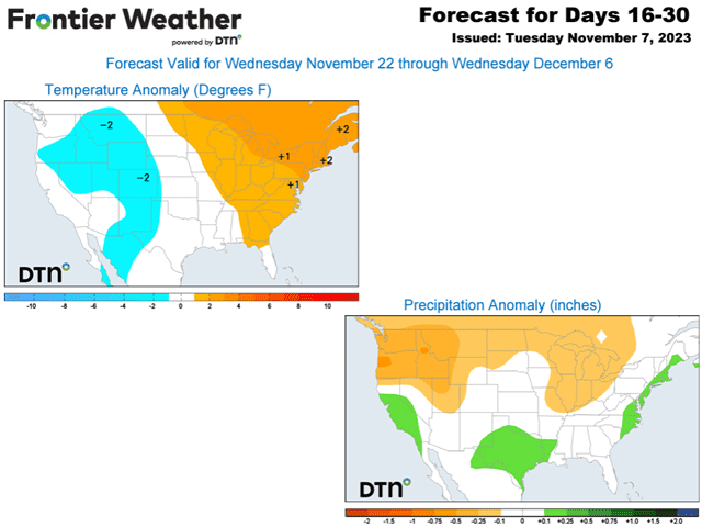 The temperature and precipitation forecast for the end of November and beginning of December shows a very El Nino-like pattern. (DTN graphics)