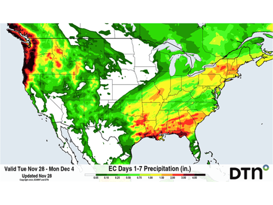 Precipitation during the next week shows some heftier amounts from the Southern Plains through the Northeast and areas to the south. (DTN graphic)