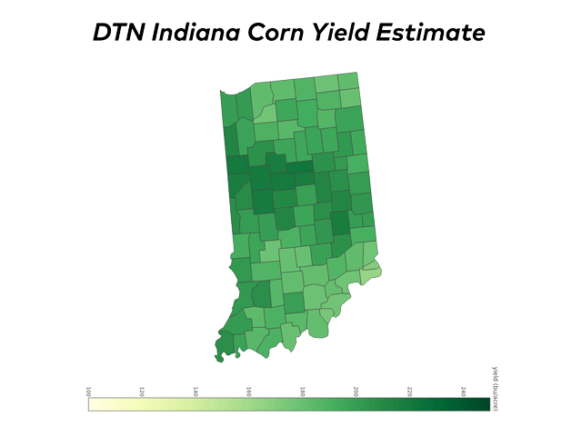 Benton County, Indiana, has the highest average corn yield in the state at 217 bushels per acre. The darkest green shade represents yields of 210 bpa or above. (DTN map by Scott Williams and Darren Miller)
