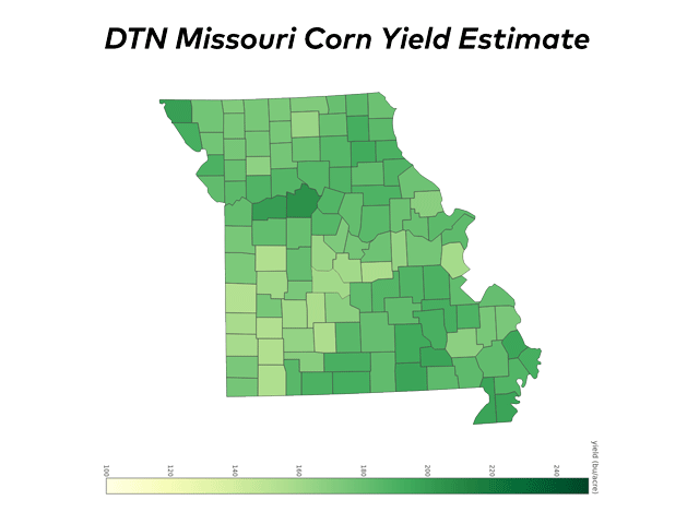 Pemiscot County has Missouri&#039;s highest corn yield average at 199 bushels per acre. The darkest green shades represent yields of 190 bpa or more, while the light green shades represent yields around 145 bpa. (DTN map by Scott Williams and Darren Miller)