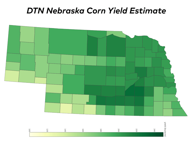 Phelps County will once again contend for Nebraska&#039;s highest average corn yield, with DTN&#039;s models estimating it at 231 bushels per acre. (DTN map by Scott Williams and Darren Miller)