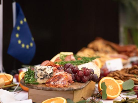 A spread of food laid out at the European Union embassy in Washington highlights a campaign to boost sales of high-end European foods to American consumers. The campaign will continue for three years and targets chefs, retailers and food influencers. (DTN photo by Joel Reichenberger)