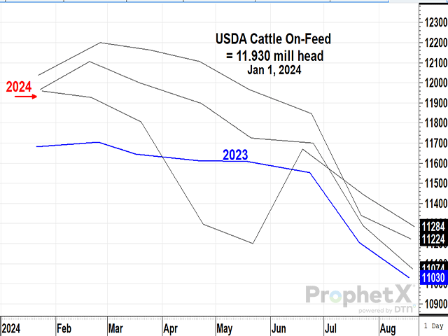 Cattle and calves on feed for the slaughter market in the United States for feedlots with capacity of 1,000 or more head totaled 11.9 million head on Jan. 1, 2% above a year ago, USDA NASS said on Friday. (DTN ProphetX chart)