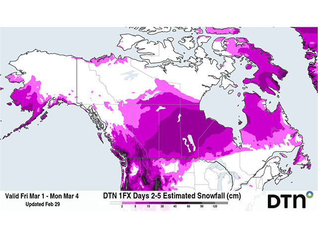 DTN&#039;s forecast snowfall shows some portions of the Canadian Prairies receiving over 10-15 inches of snow through this weekend into early next week as a large low-pressure system affects the region. (DTN graphic)