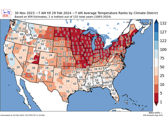Temperatures across the northern tier of the country were at or near record highs this winter, which included a strong visit from the polar vortex in mid-January. (Graphic courtesy of Iowa Environmental Mesonet)