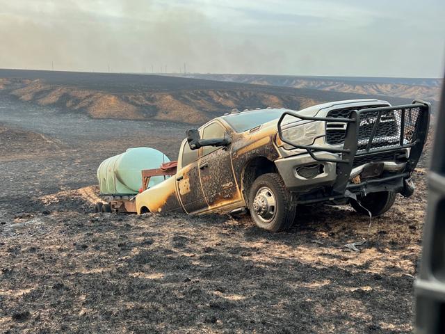 A wildfire tore through Hale Cattle Company near Miami, Texas. Hale&#039;s father, Steve, was caught in the fire while hauling water to fight flames. He was unharmed. (Photo courtesy of Bradley Hale)