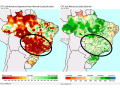 The soil moisture in central Brazil is labeled as adequate for most of central Brazil (right) but is way below normal (left) and will not be enough for the country&#039;s safrinha corn crop. (DTN graphic)