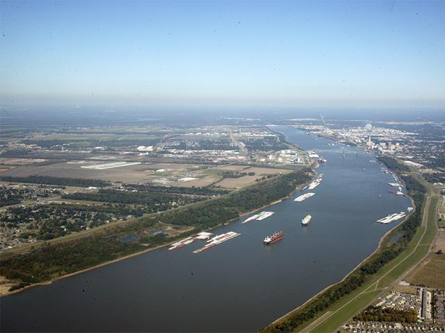 The Mississippi River is home to not only barge traffic, but from Baton Rouge, Louisiana, down to the New Orleans Gulf, bulk cargo ships share the river with towboats that push the barges. Container ships cannot move upriver from NOLA because they are too large both in size and draft. (Photo courtesy Greater Port of Baton Rouge, Louisiana)