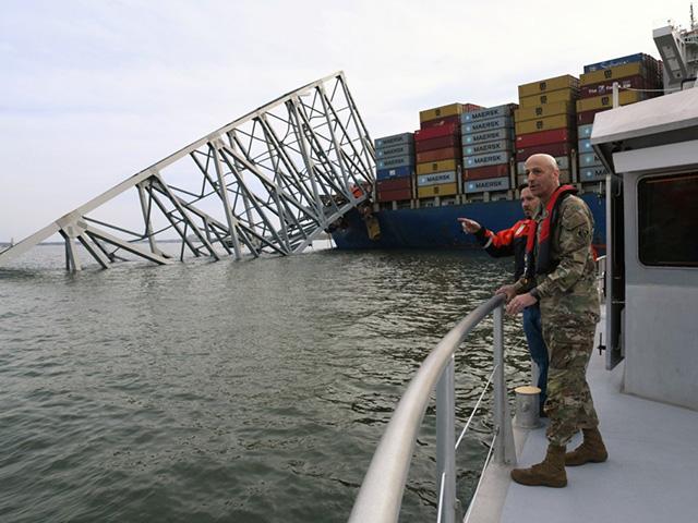 USACE Chief of Engineers Lt. Gen. Scott Spellmon views damage to the Francis Scott Key Bridge that collapsed March 26 in Baltimore. Following USACE&#039;s federal authorities, USACE said on its website it are leading the effort to clear the channel as part of the larger interagency to restore operations at the Port of Baltimore. (Photo courtesy of USACE)
