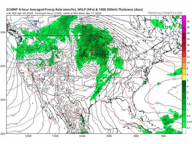 Rainfall could cover a significant portion of the North-Central U.S. next on April 17, as depicted by the ECMWF model. (Tropical Tidbits graphic)