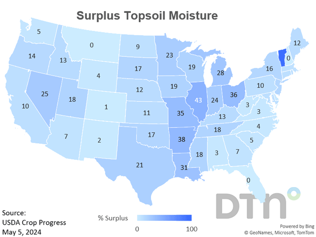 With surplus topsoil moisture estimates climbing, concerns are growing about planting delays. (DTN map)
