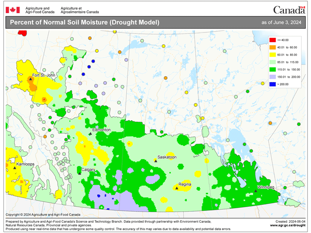 Soil moisture in the Canadian Prairies is analyzed as being near or above normal in almost the entire region. Only small sections of Alberta and Saskatchewan show anything significantly below normal in yellow. (Agriculture and Agri-Food Canada graphic)