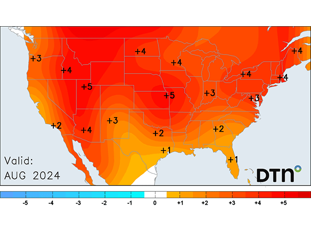 The temperature forecast for August is impressively hot as an upper-level ridge will dominate the Rockies and Plains. (DTN graphic)