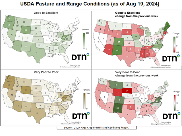 Changes in pasture and range conditions from latest USDA Crop Progress data. Click on image to enlarge maps. (DTN graphics by Kathy Myers)