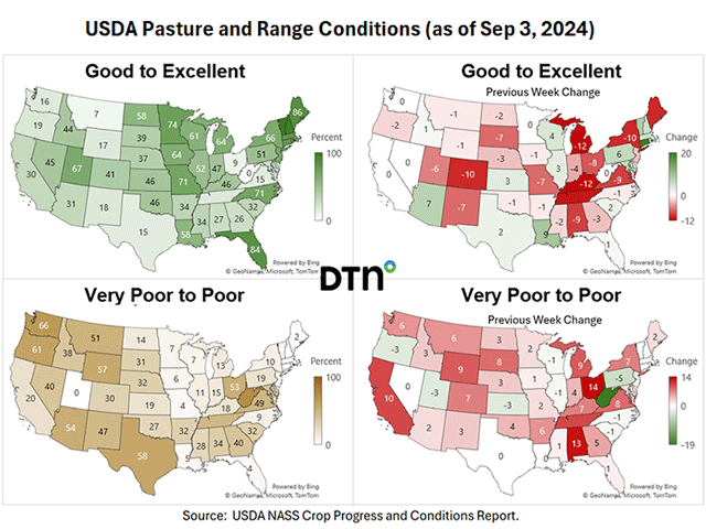 Changes in pasture and range conditions from latest USDA Crop Progress data. Click on image to enlarge maps. (DTN graphics by Kathy Myers)