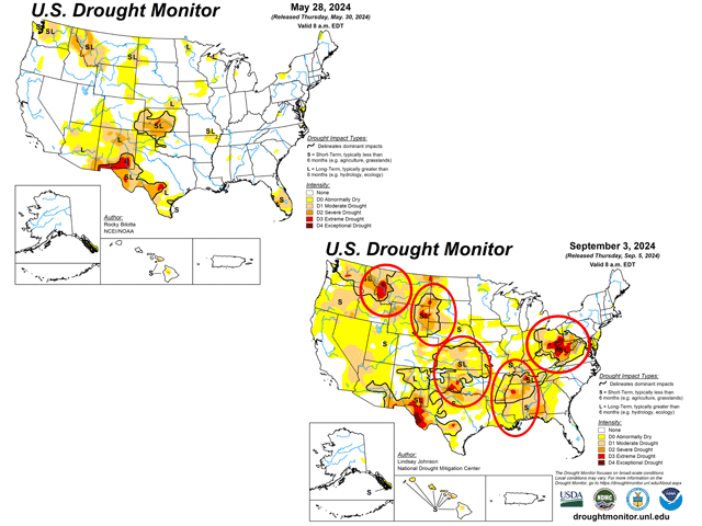 Dryness and drought in the contiguous U.S. more than doubled in areal coverage during the summer. (U.S. Drought Monitor graphics)
