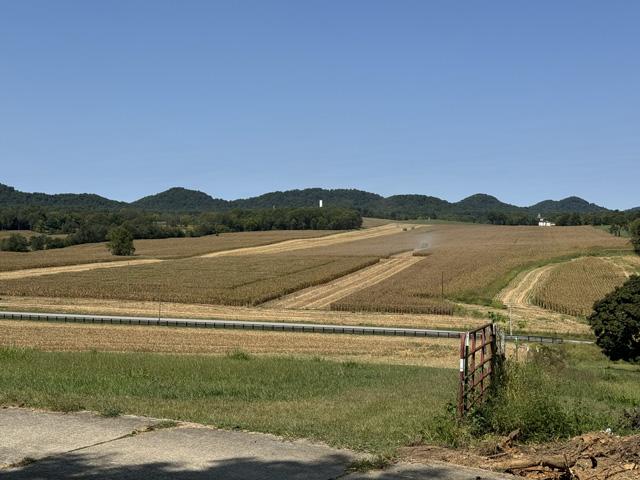 The combines started rolling in earnest on Affinity Farms, New Haven, Kentucky, this week. Moving equipment between small fields on rural roads can be a safety challenge. This 130-acre field is the largest on Affinity Farms. (Photo courtesy of Quint Pottinger)