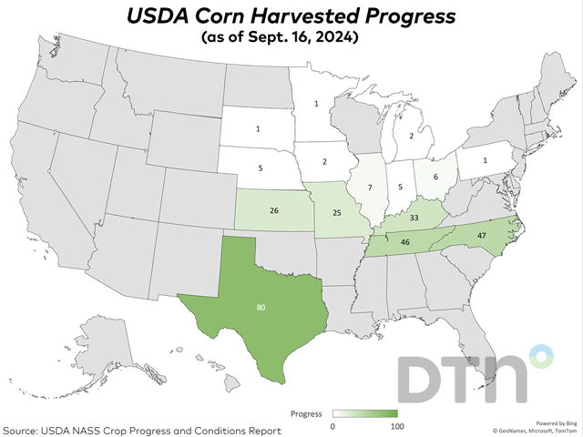 The U.S. corn harvest progressed 4 percentage points last week to reach 9% complete as of Sunday, 1 point ahead of last year&#039;s 8% and 3 points ahead of the five-year average of 6%. (DTN graphic)