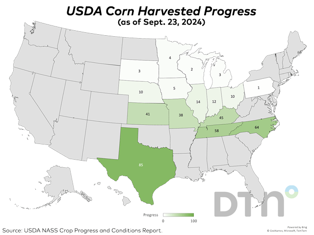 Corn harvest moved ahead 5 percentage points nationally last week to reach 14% complete as of Sunday. That was 1 point ahead of last year&#039;s 13% and 3 points ahead of the five-year average of 11%, according to USDA NASS. (DTN graphic)