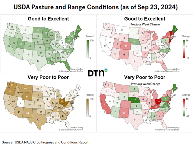 Changes in pasture and range conditions from latest USDA Crop Progress data. Click on image to enlarge maps. (DTN graphics by Kathy Myers)