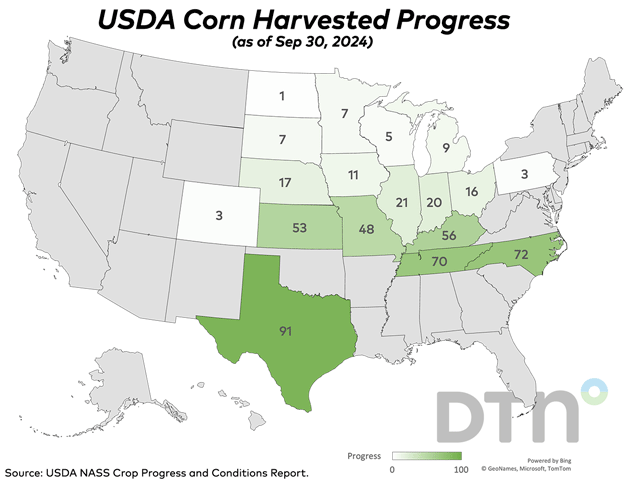 The U.S. corn harvest picked up the pace slightly last week, moving ahead 7 percentage points to reach 21% complete as of Sunday, Sept. 29. That was equal to last year&#039;s pace but 3 points ahead of the five-year average of 18%. (DTN graphic)