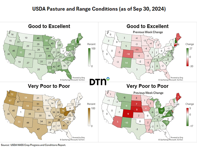 Changes in pasture and range conditions from latest USDA Crop Progress data. (DTN graphics by Kathy Myers)